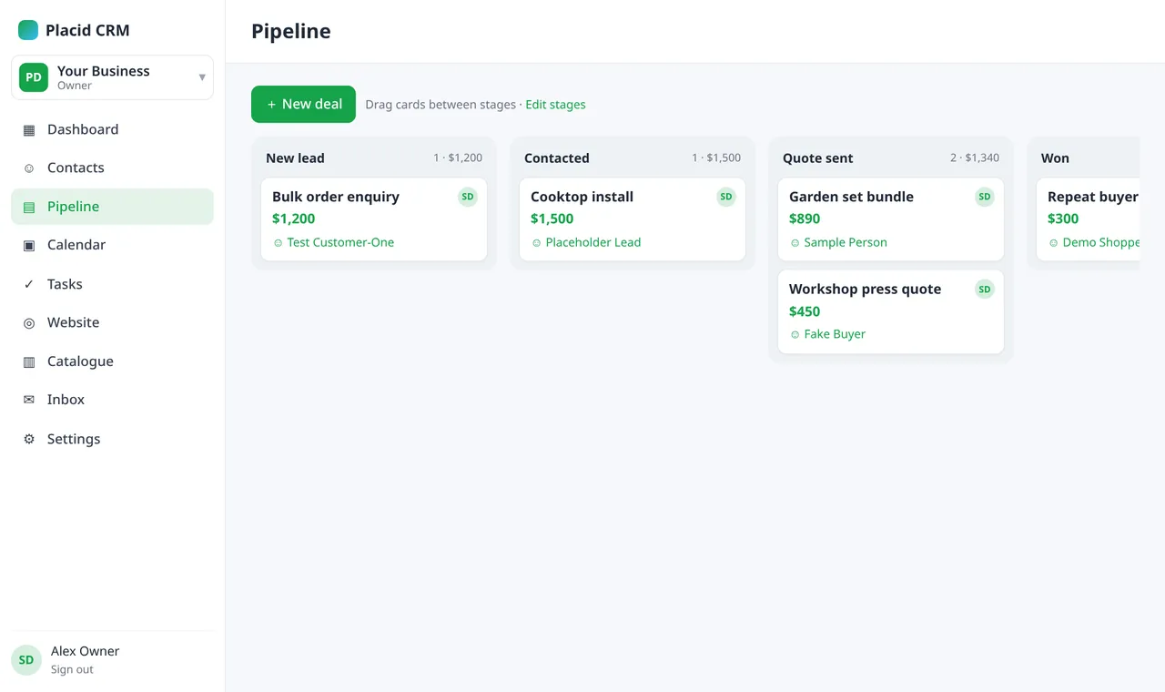Placid CRM pipeline showing deals moving from new lead to won